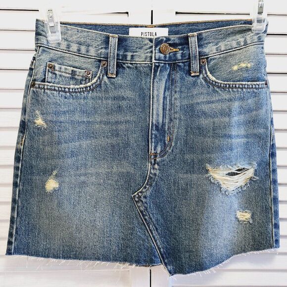 pistola Dresses & Skirts - NWOT PISTOLA RUMI MEDIUM WASH DENIM JEANS FRAYED HEM 5 POCKET MINI SKIRT SIZE 26